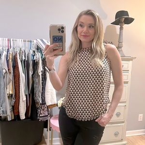 Who what where polyester art deco blouse -black/cream